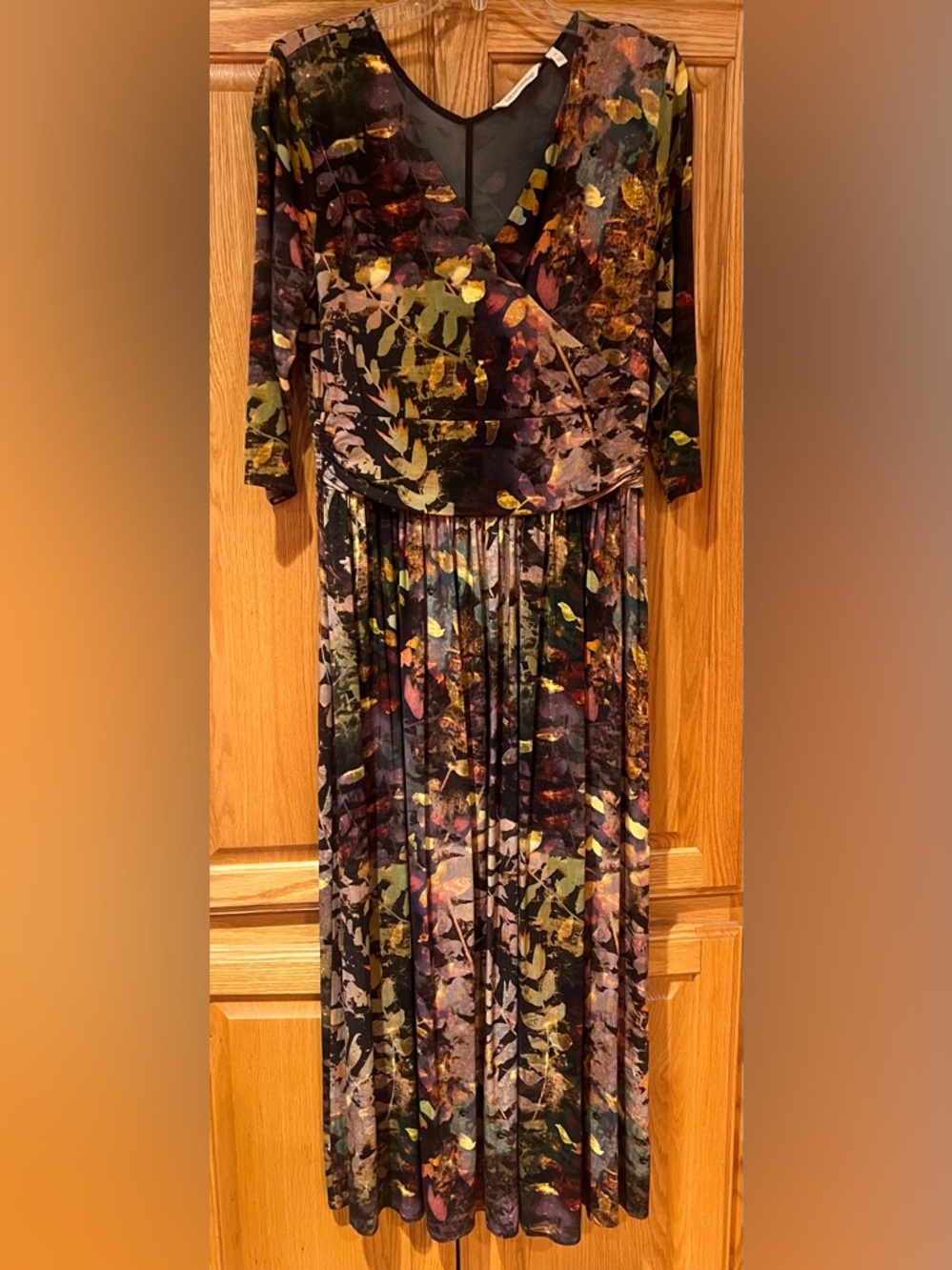 Soft Surroundings Floral Leaf Faux Wrap 3/4 Sleeve Jersey Maxi Dress Size Medium
